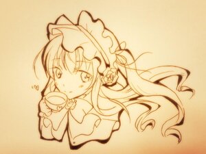 Rating: Safe Score: 0 Tags: 1girl cup flower hat heart holding_cup image long_hair long_sleeves looking_at_viewer monochrome rose shinku simple_background smile solo teacup traditional_media upper_body User: admin