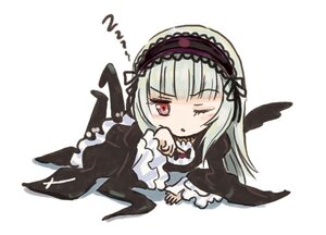 Rating: Safe Score: 0 Tags: 1girl bangs black_dress black_wings blush chibi commentary_request cross dress feet_up frilled_dress frilled_sleeves frills gothic_lolita hairband image juliet_sleeves lace lolita_fashion long_hair long_sleeves looking_at_viewer lying on_stomach one_eye_closed open_mouth purple_eyes rozen_maiden saiguchi_otoufu silver_hair sitting solo striped suigintou translation_request vertical_stripes very_long_hair white_background wide_sleeves wings User: admin