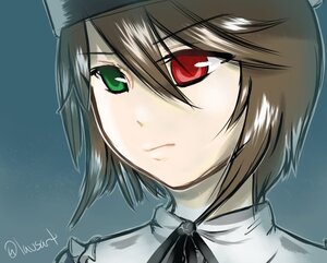 Rating: Safe Score: 0 Tags: blue_background brown_hair closed_mouth eyebrows_visible_through_hair face green_eyes hair_between_eyes hat image looking_at_viewer neck_ribbon portrait red_eyes ribbon short_hair simple_background solo souseiseki twitter_username User: admin