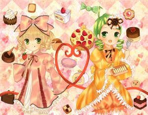 Rating: Safe Score: 0 Tags: 2girls :q ahoge blonde_hair bow cake chocolate cookie dress drill_hair food frills fruit green_eyes hinaichigo image kanaria long_sleeves multiple_girls pair ribbon smile tongue tongue_out twin_drills User: admin