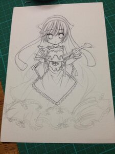 Rating: Safe Score: 0 Tags: 1girl book dress eyebrows_visible_through_hair frills greyscale hairband image long_hair long_sleeves looking_at_viewer monochrome open_book photo simple_background solo suiseiseki traditional_media wide_sleeves User: admin