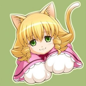 Rating: Questionable Score: 0 Tags: 1girl :3 animal_ears blonde_hair breasts drill_hair fang green_background green_eyes hinaichigo image large_breasts solo twin_drills User: admin