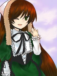 Rating: Safe Score: 0 Tags: 1girl ;d black_ribbon brown_hair dress frills green_dress green_eyes image long_hair long_sleeves one_eye_closed open_mouth ribbon smile solo suiseiseki very_long_hair User: admin