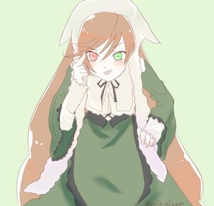 Rating: Safe Score: 0 Tags: 1girl brown_hair dress green_background green_dress green_eyes head_scarf heterochromia image long_hair long_sleeves looking_at_viewer red_eyes simple_background solo suiseiseki tongue tongue_out User: admin