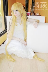 Rating: Safe Score: 0 Tags: 1girl bangs blonde_hair blue_eyes bottle bracelet dress lips long_hair photo shinku sitting solo white_dress User: admin