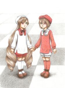 Rating: Safe Score: 0 Tags: 2girls argyle argyle_background brown_hair checkered checkered_background checkered_floor dress green_eyes hat heterochromia holding_hands image long_hair long_sleeves looking_at_viewer multiple_girls pair red_eyes short_hair siblings sisters souseiseki standing suiseiseki tile_floor tiles twins very_long_hair watercolor_(medium) User: admin