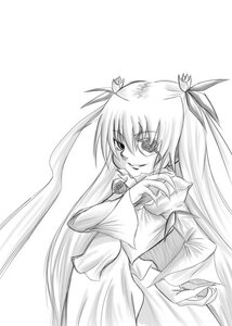 Rating: Safe Score: 0 Tags: 1girl barasuishou dress hair_ribbon image long_hair long_sleeves looking_at_viewer monochrome ribbon simple_background smile solo striped two_side_up very_long_hair white_background User: admin