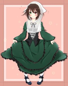 Rating: Safe Score: 0 Tags: 1girl blush brown_hair costume_switch dress flying_sweatdrops frills green_dress green_eyes heterochromia image pantyhose red_eyes ribbon short_hair solo souseiseki star_(symbol) suiseiseki white_legwear User: admin