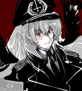 Rating: Safe Score: 0 Tags: 1girl black_wings closed_mouth feathered_wings hat image limited_palette long_hair looking_at_viewer military military_hat military_uniform monochrome peaked_cap smile solo spot_color suigintou uniform wings User: admin