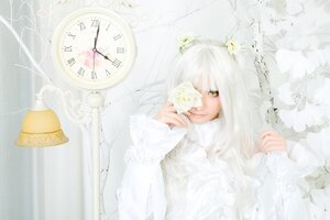 Rating: Safe Score: 0 Tags: 1girl analog_clock bangs clock curtains flower kirakishou lips long_hair long_sleeves looking_at_viewer one_eye_covered smile solo sweater turtleneck upper_body white_hair white_theme window User: admin