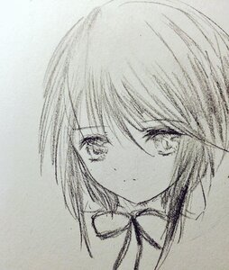 Rating: Safe Score: 0 Tags: 1girl bangs closed_mouth eyebrows_visible_through_hair greyscale hariruri image looking_at_viewer monochrome portrait ribbon short_hair simple_background smile solo souseiseki traditional_media User: admin