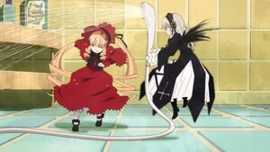 Rating: Safe Score: 0 Tags: 1boy 1girl blonde_hair bow closed_eyes dress image long_sleeves pair red_dress shinku standing suigintou wings User: admin