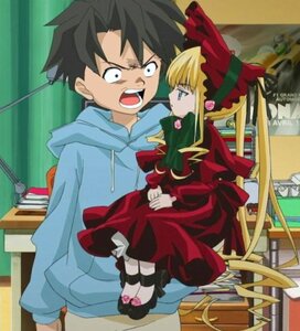 Rating: Safe Score: 0 Tags: 1boy 1girl balcony black_hair blonde_hair bonnet dress hood image long_sleeves open_mouth red_dress shinku sitting solo spiked_hair User: admin