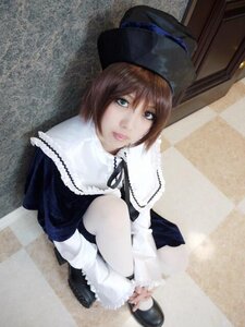 Rating: Safe Score: 0 Tags: 1girl argyle argyle_background blue_eyes brown_hair capelet checkered checkered_background checkered_floor dress hat lips long_sleeves looking_at_viewer on_floor photo shoes short_hair sitting solo souseiseki squatting tile_floor tiles User: admin