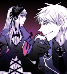 Rating: Safe Score: 0 Tags: 1boy 1girl cross dress frills hairband image lolita_hairband long_hair long_sleeves monochrome red_eyes rose smile solo suigintou white_hair wings User: admin