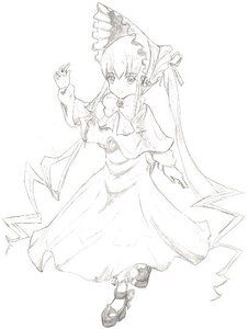 Rating: Safe Score: 0 Tags: 1girl blush capelet dress eyebrows_visible_through_hair full_body greyscale image long_hair long_sleeves looking_at_viewer monochrome shinku simple_background solo standing striped twintails vertical_stripes very_long_hair white_background User: admin