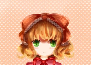 Rating: Safe Score: 0 Tags: 1girl bow green_eyes halftone halftone_background hinaichigo image looking_at_viewer polka_dot polka_dot_background portrait ribbon smile solo User: admin