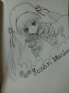 Rating: Safe Score: 0 Tags: 1girl bowtie dress expressionless greyscale hat image long_hair long_sleeves looking_at_viewer monochrome photo shinku simple_background solo text_focus traditional_media twintails very_long_hair white_background User: admin