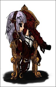 Rating: Safe Score: 0 Tags: 1girl black_border chair full_body gloves hair_ornament image letterboxed long_hair long_sleeves simple_background sitting solo striped suigintou vertical_stripes white_background User: admin