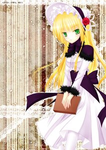 Rating: Safe Score: 0 Tags: 1girl bangs blonde_hair blush bonnet book character_profile dress flower frills green_eyes hat image lolita_fashion long_hair long_sleeves looking_at_viewer rose shinku solo standing text_focus white_dress User: admin