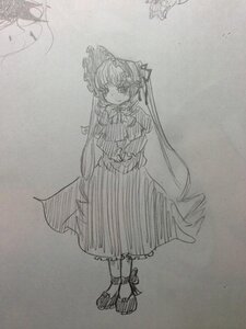Rating: Safe Score: 0 Tags: 1girl bow dress full_body greyscale image long_hair long_sleeves looking_at_viewer monochrome photo shinku sketch solo standing traditional_media twintails very_long_hair User: admin