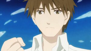 Rating: Safe Score: 0 Tags: 1boy bangs blue_background brown_hair clenched_hand closed_mouth collared_shirt frown human looking_at_viewer sakurada_jun screenshot shirt sky solo upper_body white_shirt User: admin