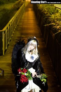 Rating: Safe Score: 0 Tags: 1girl black_dress bouquet dress flower frills long_hair purple_eyes rose silver_hair solo suigintou User: admin