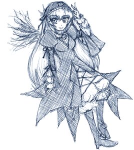 Rating: Safe Score: 0 Tags: 1girl dress frills full_body hairband image lolita_hairband long_hair long_sleeves looking_at_viewer monochrome sketch smile solo standing suigintou traditional_media wings User: admin