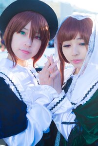 Rating: Safe Score: 0 Tags: 2girls bangs brown_hair closed_mouth eyelashes frills hat head_scarf holding_hands lips long_sleeves looking_at_viewer multiple_cosplay multiple_girls short_hair siblings sisters smile souseiseki suiseiseki tagme twins upper_body User: admin