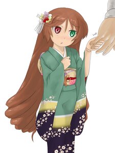 Rating: Safe Score: 0 Tags: 1boy 1girl auto_tagged blush brown_hair cowboy_shot doll floral_print green_eyes hand_on_own_chest heterochromia highres holding image japanese_clothes kimono kumashiro long_hair long_sleeves minigirl open_mouth red_eyes rozen_maiden sash simple_background solo solo_focus standing striped suiseiseki very_long_hair white_hair wide_sleeves User: admin