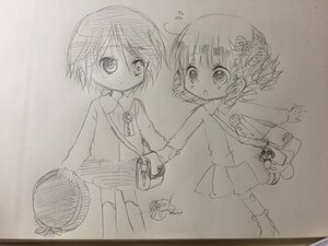Rating: Safe Score: 0 Tags: 2girls bag drill_hair flying_sweatdrops greyscale hair_ornament hat_removed headwear_removed hinaichigo image long_sleeves monochrome multiple_girls pair short_hair souseiseki traditional_media twin_drills User: admin