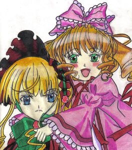 Rating: Safe Score: 0 Tags: 2girls blonde_hair blue_eyes bow dress drill_hair frills green_eyes hair_bow hina_ichigo hinaichigo hug image long_hair long_sleeves looking_at_viewer marker_(medium) multiple_girls open_mouth pair pink_bow shinku simple_background traditional_media twin_drills white_background User: admin