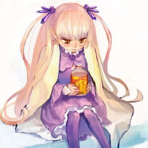 Rating: Safe Score: 0 Tags: 1girl bangs barasuishou blonde_hair blush dress frills hair_ribbon holding image long_hair long_sleeves pantyhose purple_dress ribbon sitting solo very_long_hair yellow_eyes User: admin