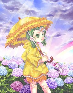 Rating: Safe Score: 0 Tags: 1girl day drill_hair flower frog green_eyes green_hair holding_umbrella hood hydrangea image kanaria parasol rain rainbow raincoat ringlets rubber_boots smile snail solo transparent_umbrella twin_drills umbrella User: admin