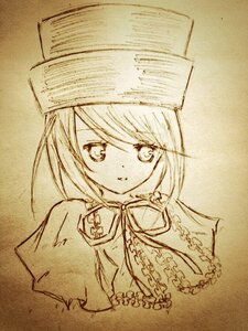 Rating: Safe Score: 0 Tags: 1girl auto_tagged bangs brown_background capelet eyebrows_visible_through_hair hair_between_eyes hat image long_sleeves looking_at_viewer monochrome parted_lips photo sketch solo souseiseki traditional_media upper_body User: admin