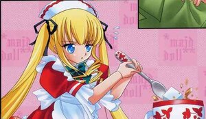 Rating: Safe Score: 0 Tags: 1girl apron blonde_hair blue_eyes blush bow image long_hair shinku solo sweatdrop twintails User: admin