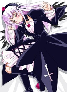 Rating: Safe Score: 0 Tags: 1girl bed_sheet black_dress black_ribbon black_wings blush boots cross cross_print detached_collar doll_joints dress flower frilled_sleeves frills gothic_lolita hair_ribbon hairband image inverted_cross joints latin_cross lolita_fashion lolita_hairband long_hair long_sleeves lying on_back pink_eyes puffy_sleeves ribbon rose rozen_maiden sidelocks silver_hair solo suigintou umekichi very_long_hair wings User: admin