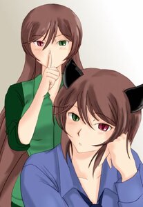Rating: Safe Score: 0 Tags: 2girls animal_ears blush brown_hair finger_to_mouth green_eyes heterochromia image long_hair long_sleeves multiple_girls older pair red_eyes shirt siblings sisters souseiseki suiseiseki twins User: admin