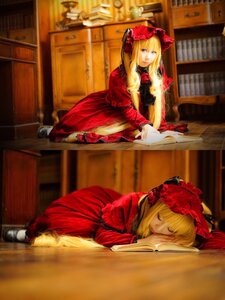 Rating: Safe Score: 0 Tags: 2girls blonde_hair bonnet bow closed_eyes dress flower indoors long_hair long_sleeves multiple_girls photo red_dress rose shinku shoes sitting sleeping solo standing window User: admin