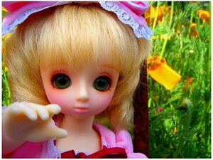 Rating: Safe Score: 0 Tags: 1girl blonde_hair blurry depth_of_field doll face grass green_eyes hands hat hinaichigo lips looking_at_viewer pointing short_hair solo User: admin