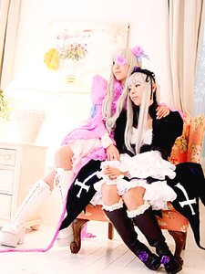 Rating: Safe Score: 0 Tags: 2girls bangs blonde_hair blunt_bangs boots curtains dress eyepatch flower frills long_hair multiple_cosplay multiple_girls silver_hair sitting tagme User: admin