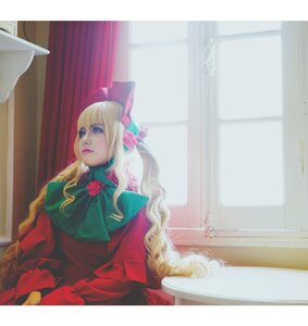 Rating: Safe Score: 0 Tags: 1girl blonde_hair blue_eyes bow brooch curtains dress flower indoors lips long_hair long_sleeves shinku sitting solo window User: admin