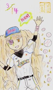 Rating: Safe Score: 0 Tags: 1girl ball baseball_cap baseball_uniform belt blonde_hair clothes_writing flower hat image kirakishou long_hair open_mouth shorts smile solo sportswear traditional_media User: admin