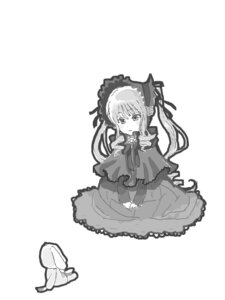 Rating: Safe Score: 0 Tags: 1girl bonnet bow dress frills greyscale image long_hair long_sleeves monochrome shinku solo striped underwear User: admin