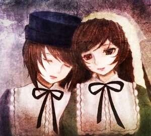 Rating: Safe Score: 0 Tags: 2girls black_neckwear black_ribbon brown_hair closed_eyes hat image lips long_hair looking_at_viewer multiple_girls neck_ribbon pair ribbon short_hair siblings sisters smile souseiseki suiseiseki twins upper_body User: admin