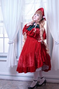 Rating: Safe Score: 0 Tags: 1girl blonde_hair blue_eyes bonnet braid curtains dress full_body high_heels long_hair red_dress shinku shoes solo standing white_legwear window User: admin