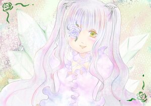 Rating: Safe Score: 0 Tags: 1girl blush dress eyepatch flower hair_flower hair_ornament image kirakishou long_hair rose smile solo traditional_media veil User: admin