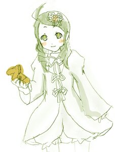 Rating: Safe Score: 0 Tags: 1girl ahoge blush bow dress green_eyes green_theme hair_ornament image kanaria long_sleeves monochrome ribbon simple_background smile solo white_background User: admin