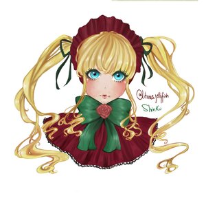 Rating: Safe Score: 0 Tags: 1girl blonde_hair blue_eyes blush bonnet bow bowtie flower green_bow image long_hair looking_at_viewer rose shinku simple_background solo striped striped_background twintails white_background User: admin