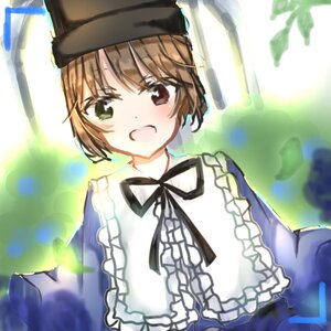 Rating: Safe Score: 0 Tags: 1girl bangs black_ribbon blush brown_eyes brown_hair eyebrows_visible_through_hair frills green_eyes hat image long_sleeves looking_at_viewer open_mouth ribbon short_hair smile solo souseiseki upper_body User: admin